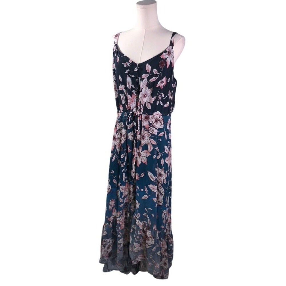 Nanette Lepore Floral Midi Dress 14W Teal Navy High Low Ruffle‎ Hem Sleeveless